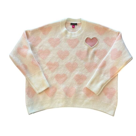Vince Camuto Relaxed Fit Cozy Crewneck Heart Sweater Size Medium Pearls Novelty - Picture 1 of 9